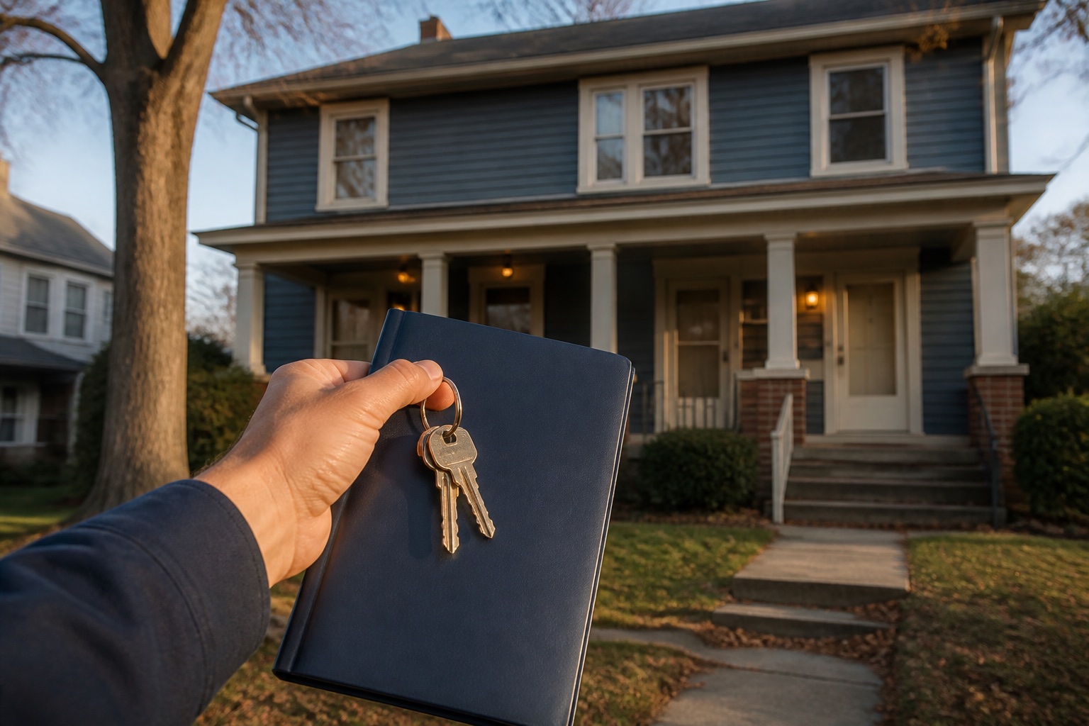Rental property keys held in front of a small multifamily home